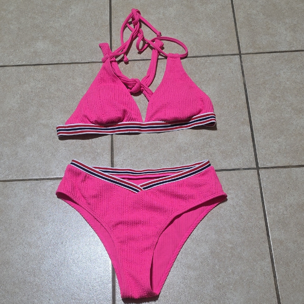 Hot Pink Ribbed Two-Piece Bikini with Striped Trim